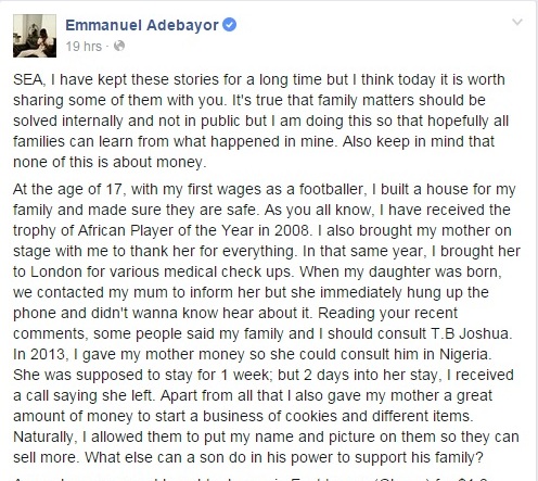 Togolese Star, Emmanuel Adebayor Exposes Dirty Family Secrets