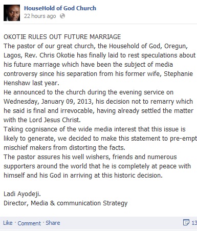 I’m Never Going To Re-Marry Again – Rev Chris Okotie