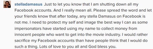 Bye bye facebook; Stella Damascus Closes Her Facebook account