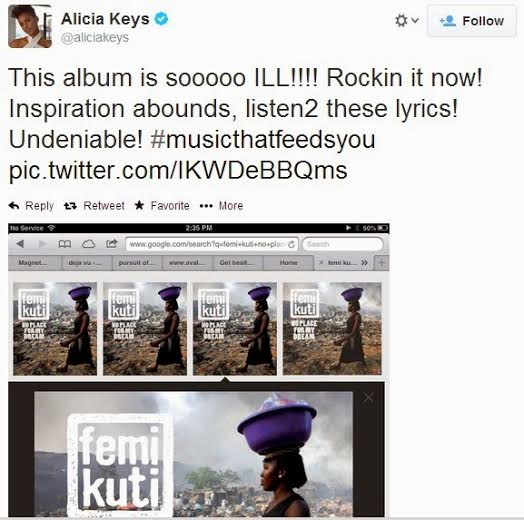 Femi Kuti’s Songs Inspire Me–Grammy Award Winner, Alicia Keys Says