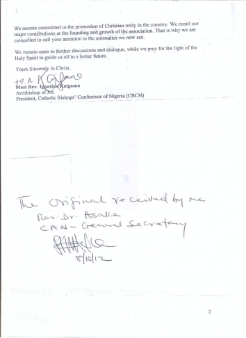 Original Copy Of Catholic Church Of Nigeria’s Letter Withrawing From The Christian Association Of Nigeria (CAN)