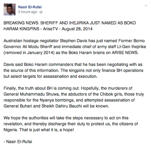 BREAKING NEWS: Nasir El-Rufai Mocks Boko Haram Revealed Sponsors: SHERIFF AND IHEJIRIKA