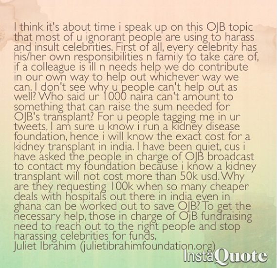 OJB kidney Ailment: ‘I Was Misconstrued’ Cries Actress Juliet Ibrahim