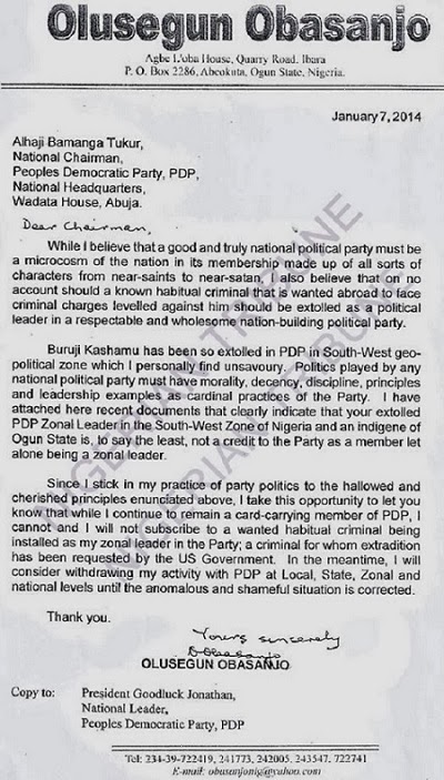 Ex President Of Nigeria, Obasanjo Writes Another Letter, Quits PDP Activities