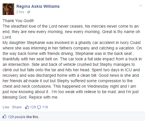 Regina Askia’s Daughter Stephanie Involved In A Ghastly Car Accident