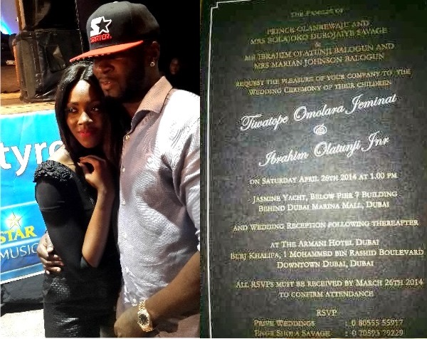 Photo:  Tiwa Savage, TeeBillz’s Wedding Invite Card Released